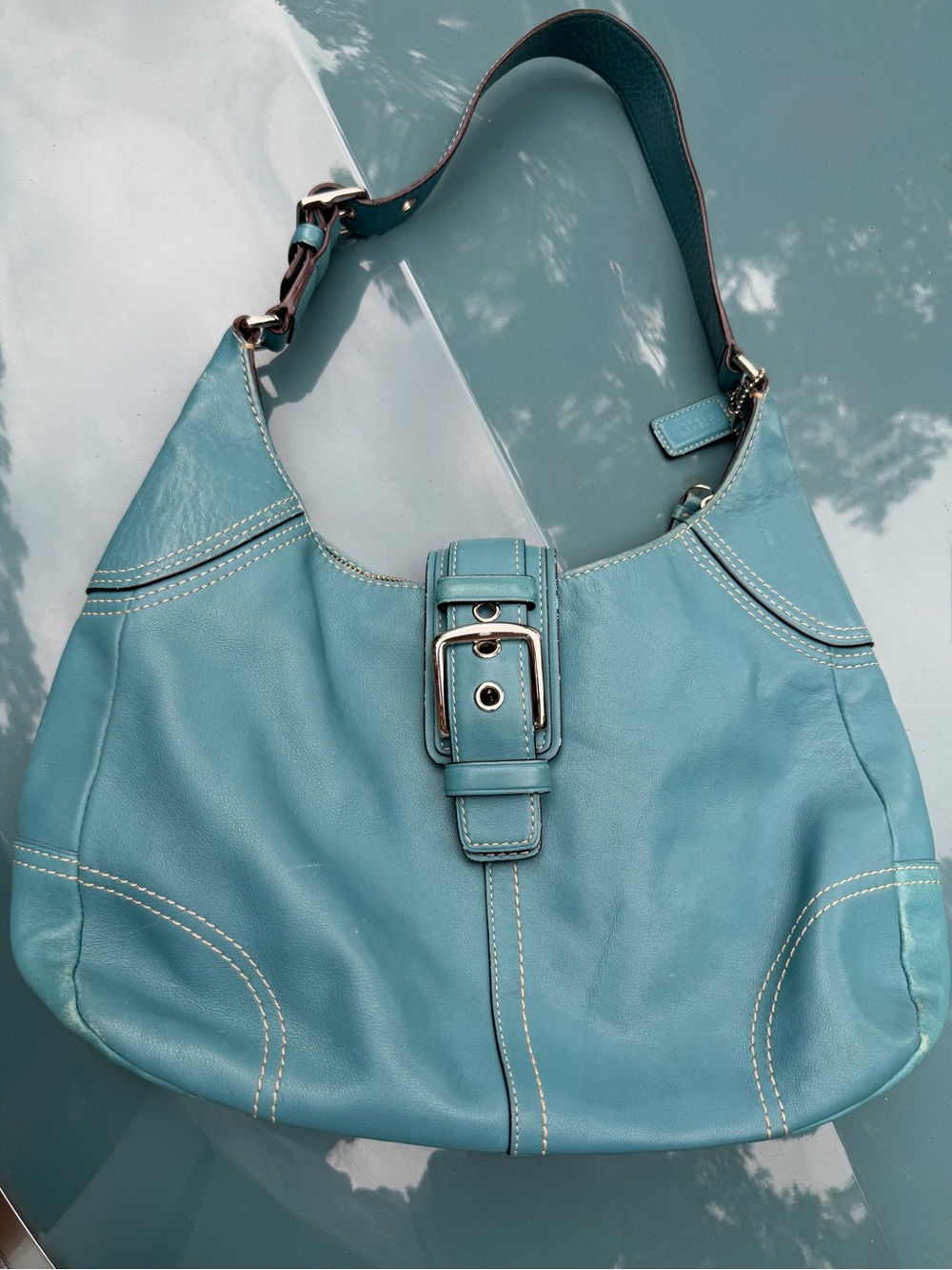 Vintage Coach Soho Turquoise Leather Buckle Hobo Bag F11187